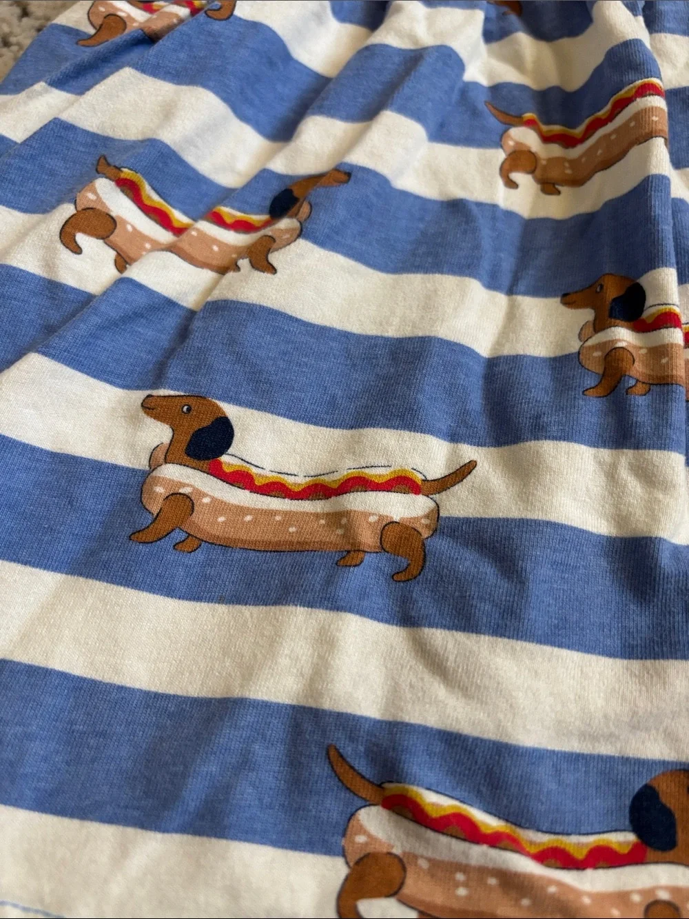 Mini Boden Girls Blue & White Striped Dress with Hot Dog Dachshund Print sz 4-5T
